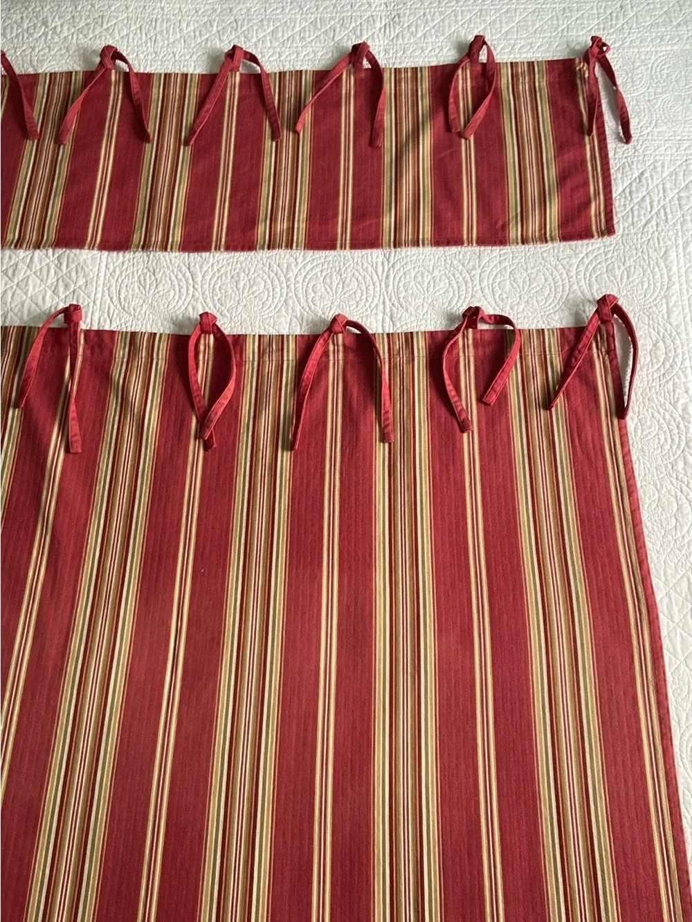 Pottery Barn Hudson Stripe Cafe 3 Curtains And 2 Valances Set Red Tan Cream